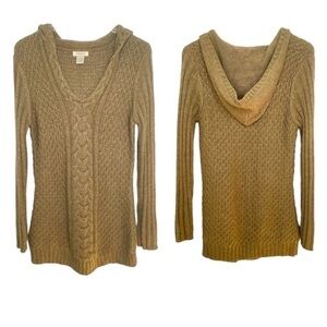 Vertico Taupe/Brown Hooded Cable Knit Sweater VNeck Ribbed Cuffs/Hem Size L